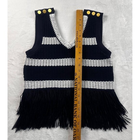 Club Monaco Navy & White Striped Knit Tank Top Fringe Sz XS Gold Buttons Trendy - Picture 8 of 14